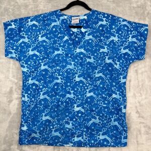 SCRUBS Scrub Christmas Top Blue Reindeer Print Holiday Festive V-Neck Medium